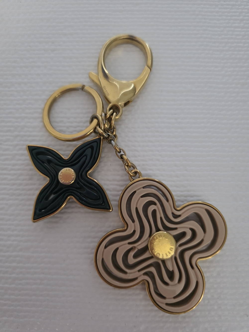 Louis Vuitton Gold-Tone Keychain with Black and Taupe Floral Charms